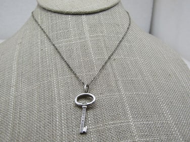 Vintage Sterling Key Necklace, Diamonds, 19" Signed