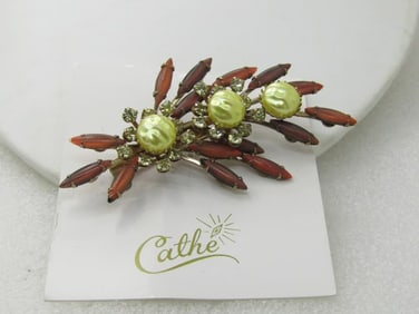 Vintage Cathe Signed Rhinestone Brooch, On Original Card, 3.25"