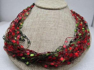 Vintage Multi-Strand Red/Green Silk Necklace, 22"