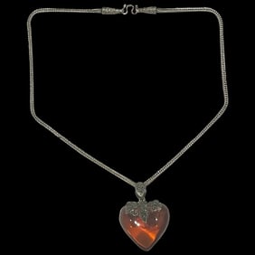 Vintage Sterling Silver Double Sided Marcasite Big Puffy Baltic Amber Heart Pendant/Necklace