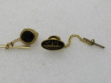 Vintage 2 Tie tacks, Black Enameled NY Skyline & Framed, 1960's