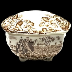 Vintage Trinket Box Stagecoach Horses Brown Transferware Made in England