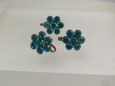 Vintage Aqua Rhinestone Blossom Earrings, Screwback (3 pieces), 1940's-1950's