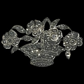 Art Deco Sterling Silver ?and Marcasite Flowers in Basket Brooch