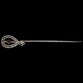 Vintage 14k Gold Ruby and Seed Pearl Filigree Stickpin