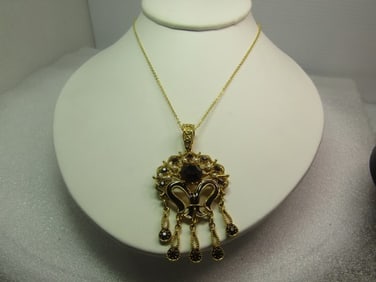 Vintage Brown Rhinestone, Faux Pearl Necklace, Enameled Accent, 16", 1980's-1990's