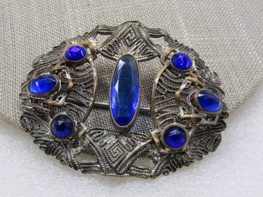Victorian Filigree Blue Rhinestone Brooch, C-Clasp, 2.75"