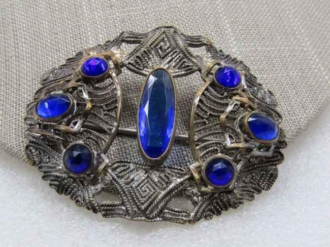 Victorian Filigree Blue Rhinestone Brooch, C-Clasp, 2.75" (1 of 6)