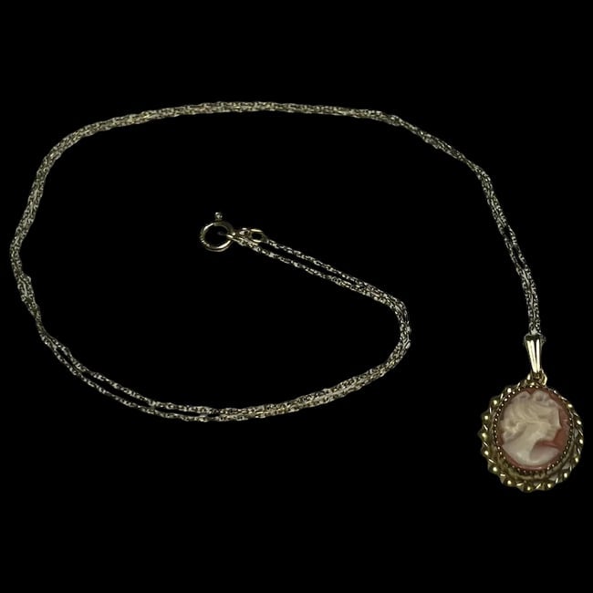 Vintage 14k GF Cameo Necklace: Title: Vintage 14k GF Cameo Necklace Description: Vintage 14k GF Cameo Necklace Hallmarked 1/20 14k Costume Jewelry Weighs 1.9 grams Pendant Measures Approx. 1 x .50 inches Chain Measures 19 inches Da