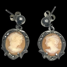 Vintage Marcasite Cameo Pierced Earrings