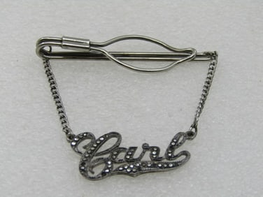 Vintage Sterling Marcasite Carl Name Tie Bar, 1940's-1950's, 2.5"