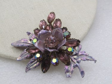 Vintage Lavender Rhinestone & Enameled Floral Brooch, 1940's