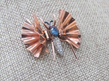 Vintage Charles Reis Butterfly Fur Clip, Rhinestone Torso, 1/20 12kt G.F.