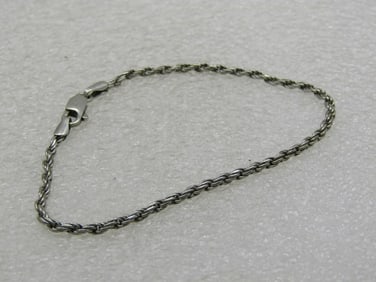 Vintage Sterling Silver 2mm Rope Chain Bracelet, Signed, 7.25"