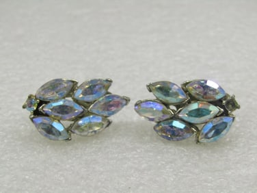 Vintage Aurora Borealis Leaf Clip Earrings, 1"
