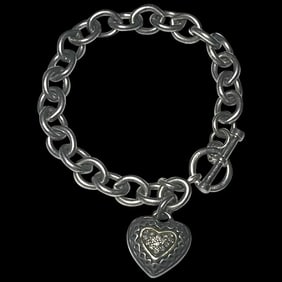 Estate Sterling Silver and 14k Diamond Heart Toggle Charm Bracelet
