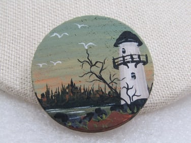 Vintage Hand Painted Lighthouse Brooch on Wood, 1.5"