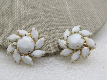 Vintage Spiral Blossom Milk Glass Clip Earrings