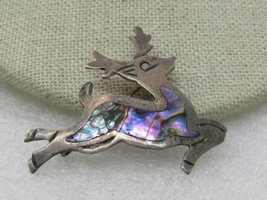 Vintage Mexican Sterling Abalone Reindeer Brooch, Signed CRC, .925, 1.75"