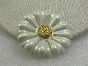 Vintage Pearly White Enameled Blossom Brooch, Gold Center, 1960's
