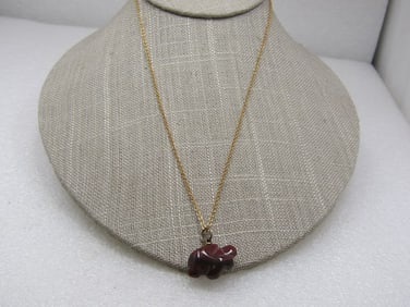 Vintage Brown Agate Carved Turtle Fetish Necklace, 18", Gold Tone Chain