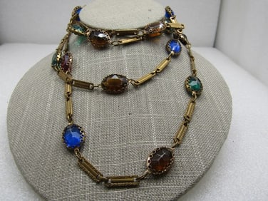 Vintage Plastic Rhinestone Bar Link Necklace, 1930's, 54", Gold Tone