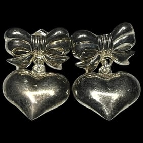 Vintage Sterling Silver Bow and Puffy Heart Statement Earrings