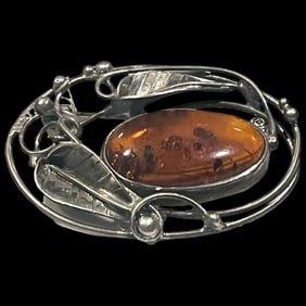 Vintage Art Nouveau Sterling Silver Baltic Amber Brooch