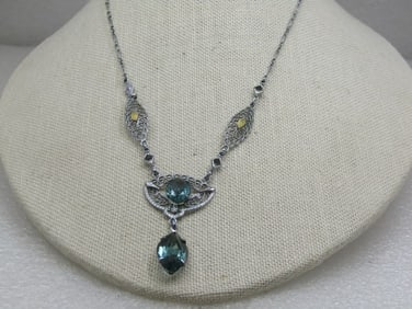 Modern Art Deco Rhinestone Filigree Lavalier Necklace, 16"