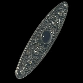Vintage Sterling Silver Black Onyx and Marcasite Oval Brooch