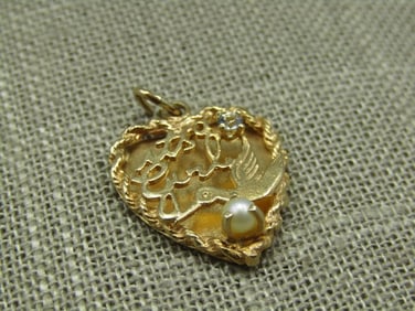 Vintage 14kt It's A Girl Heart Charm/Pendant, Aquamarine & Pearl, 1960's