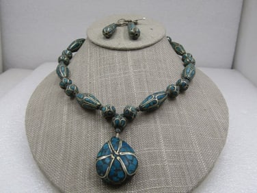 Vintage Inlaid Turquoise or Eilat Stone Necklace & Earrings, 1950's or Pre 1950's