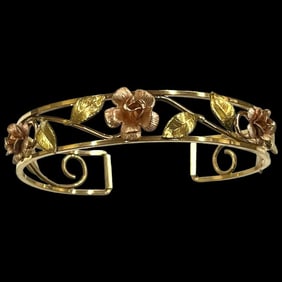 Vintage Krementz Open Rose 14K Gold and Rose Gold Filled Leaf Cuff Bracelet