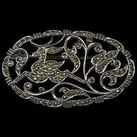 Vintage Sterling Silver Oval Marcasite Deer Brooch/Pin