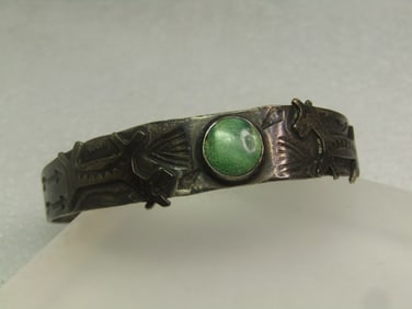 Vintage Sterling Dog/Horse Turquoise Cuff Bracelet, 6.75", Fred Harvey Era, 1920's-1940's