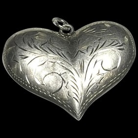 Vintage Oversized Puffy Sterling Silver Etched Heart Charm