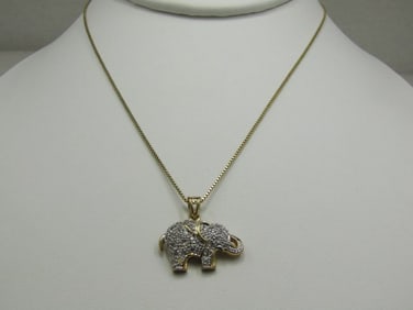 Vintage Gold Over Sterling CZ Elephant Necklace, Signed R, 18"