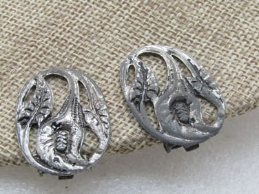 Vintage Pair Cast Metal Floral Dress Clips, 1.25" Oval