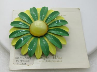 Vintage Enameled Brooch, 1960's, Green & Yellow, Moonglow, Original Card