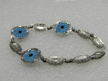 Vintage Art Deco Filigree Turquoise Glass Bracelet, 7", Rhodium Plated