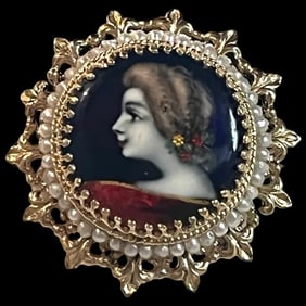 Exquisite Vintage 14k Limoges France Hand Painted Cameo with Seed Pearls