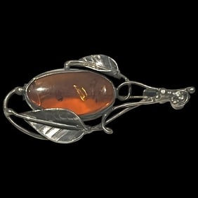 Vintage Art Nouveau Sterling Silver Baltic Amber Brooch