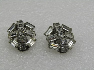 Vintage Rhinestone Art Deco Themed Clip Earrings, 1940's-1950's