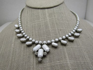 Vintage White Milk Glass & Rhinestone Bib Necklace, 16"