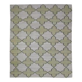 Early 21st Century Green Geometric Design Handmade Modern Kilim Rug 8'5" X 10'