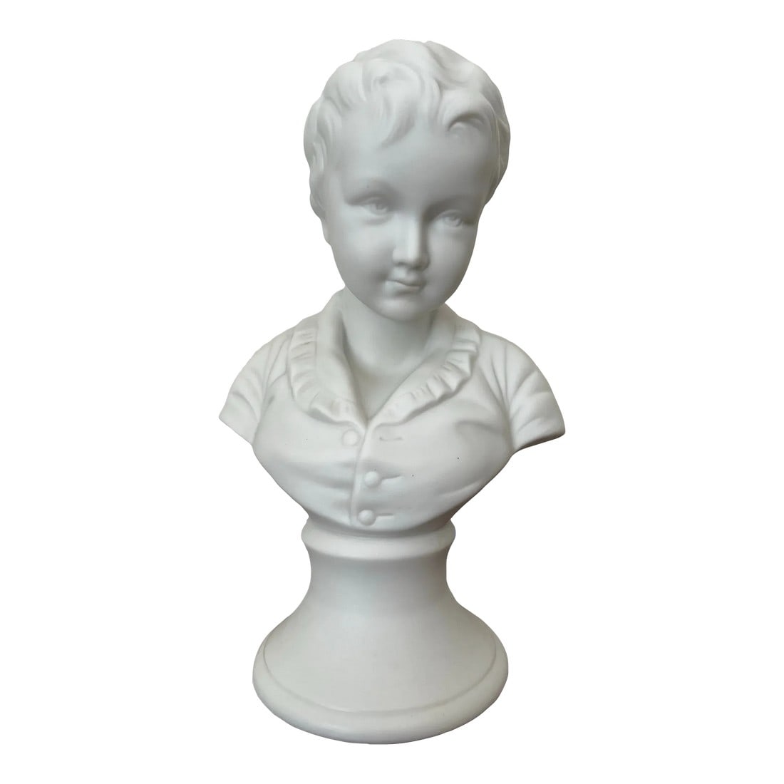 Mid-Century French Bisque Bust of a Young Child: This is an adorable vintage bisque bust of a young child that has fine details making it look very realistic. Please look carefully at the facial features, they are very refined and beautiful. Biscuit