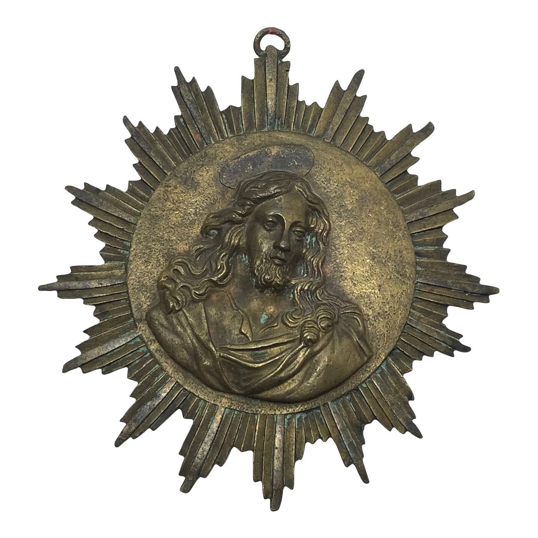 19th Century French Brass Religious Jesus Sunburst Icon: 1 Small Antique French 19th Century Brass Religious Protection Jesus Son Of God Sunburst Wall Plaque. A Feature that stand out is the beautiful cast detail of Jesus face and hair which is so decorativ