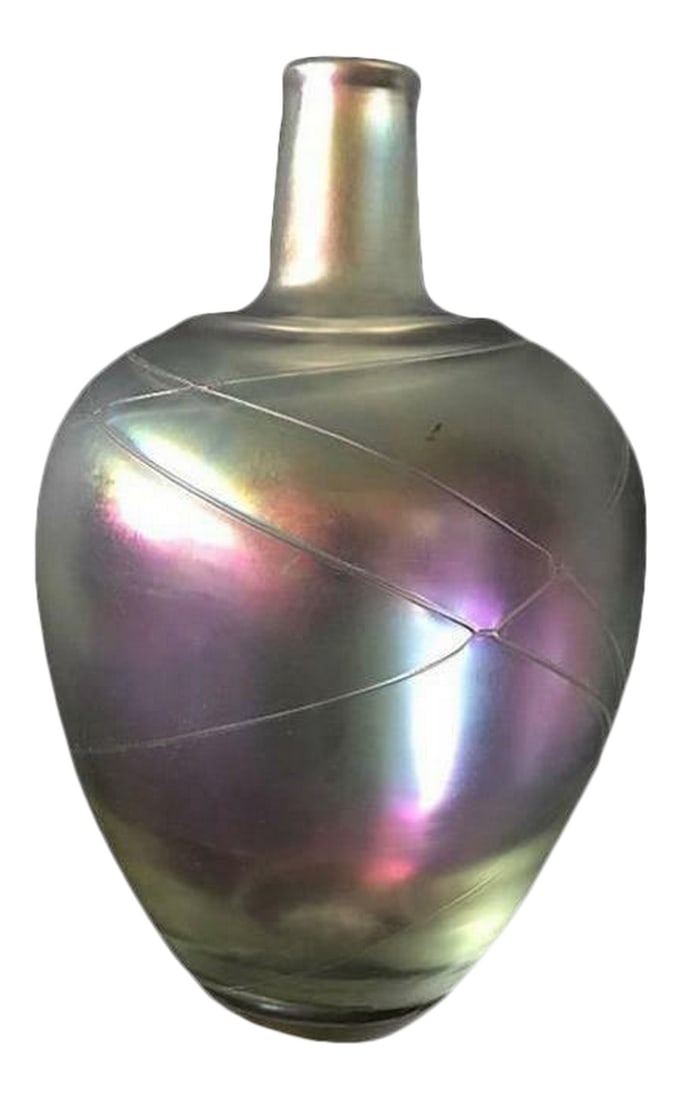1950 Swedish Boda Handblown Iridescent 'Thumbprint' Art Glass Vase Signed by Artist B. Vallien: Iridescent large handblown art glass vase with raised design and thumb print by well-known vintage Swedish Glassworks Boda (now known under the name Kosta Boda). The vase is by Bertil Vallien from the