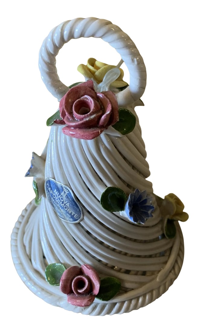 1980s Capodimonte Basketweave Porcelain Bell: Handmade, hand painted Italian Nuova Capodimonte basketweave style applied floral porcelain ceramic bell with original foil factory sticker intact. ca. late 1980's. Perfect as a birthday, wedding, or