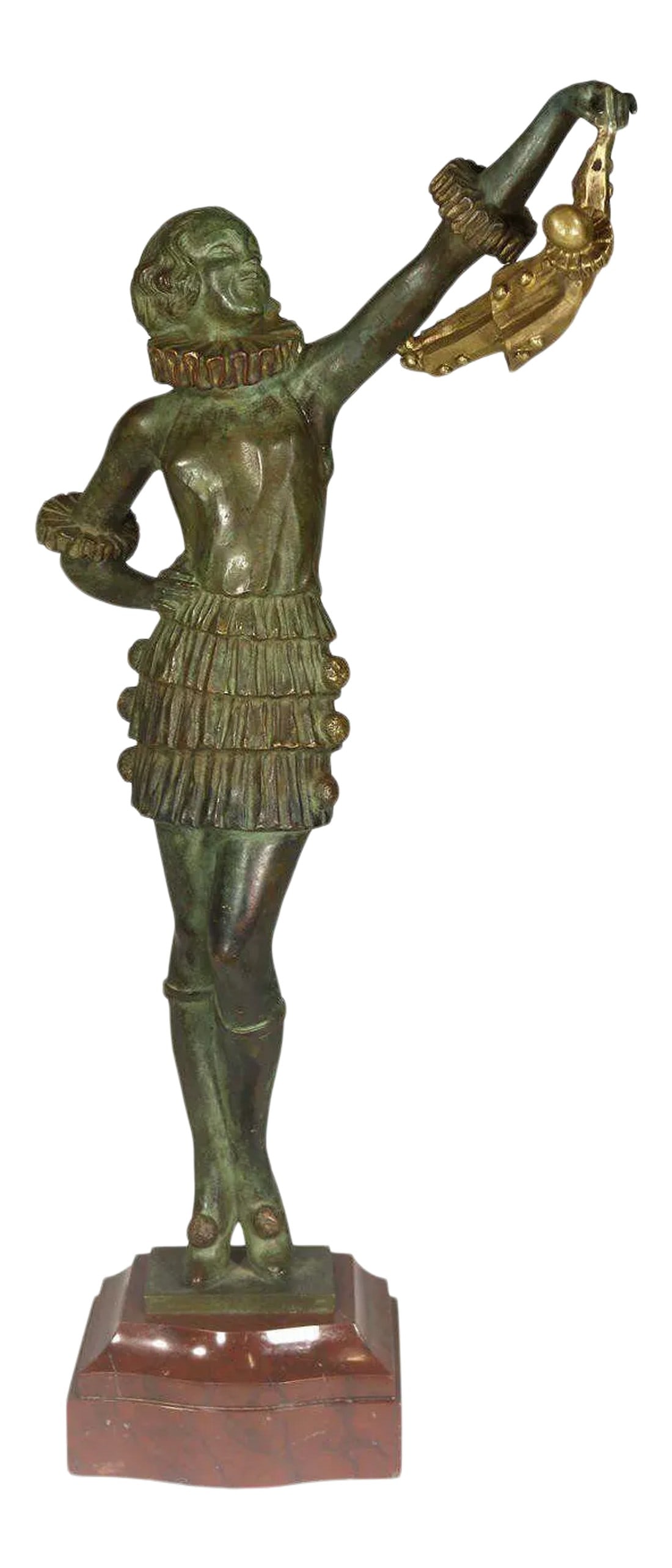 1930s Art Deco Bronze Harlequin Pierrot and Pierette Sculpture Signed by Famed Pierre Laurel: A wonderful, Art Deco 1930 original quite striking bronze statue signed by sculptor Pierre Laurel from the Marcel Guillemard foundry. It depicts the female harlequin, Pierette in strong Art Deco style